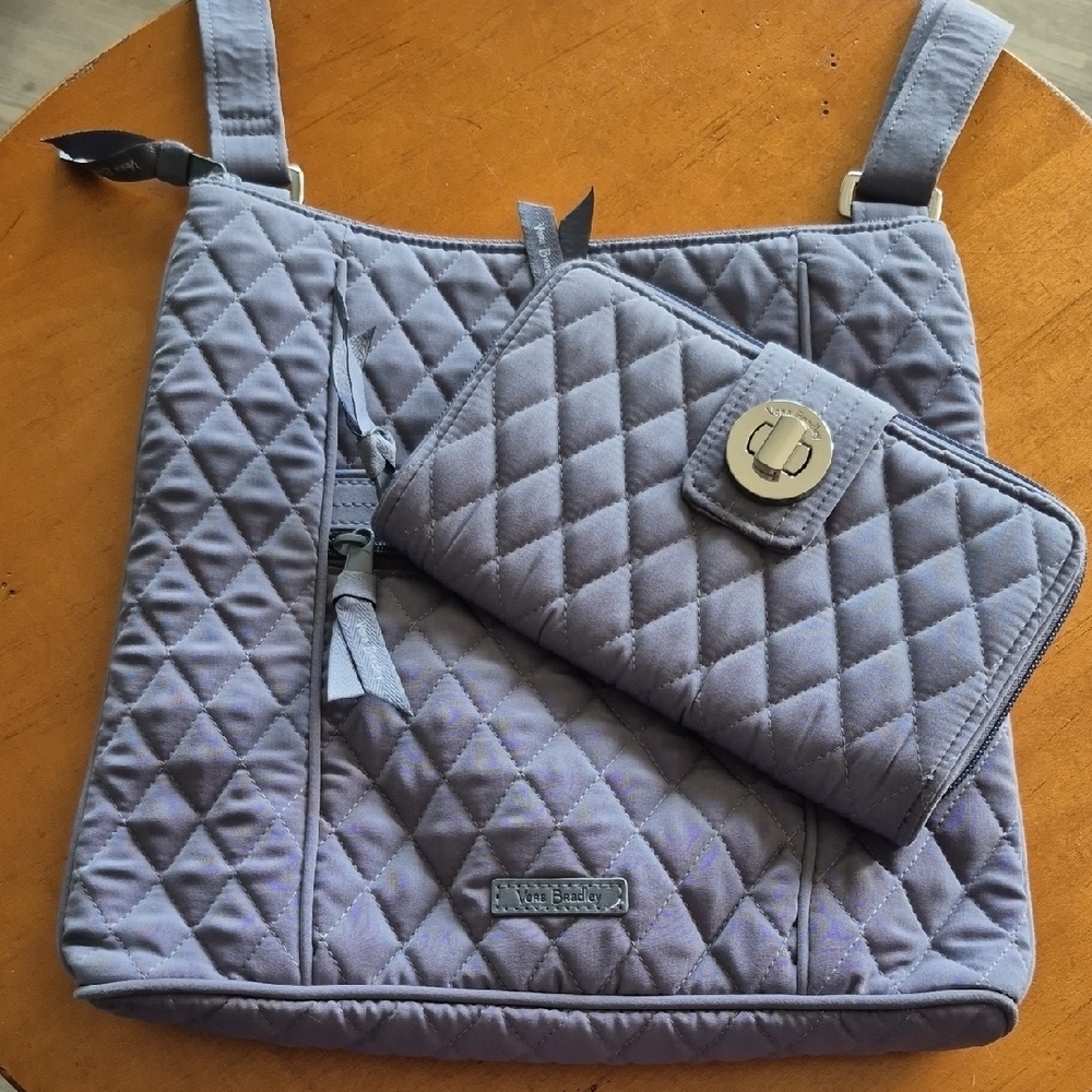 Vera Bradley Matching Quilted Gray Crossbody & Zip Around Wallet. EUC